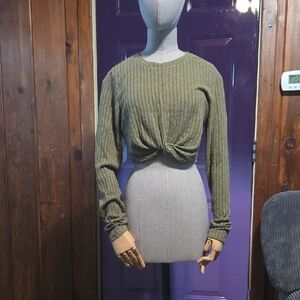 SO Large Olive Green Cropped Sweater Casual Crew Neck Green Shirt